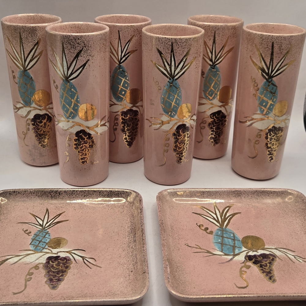 Vintage Bonita California Pottery Tumbler Set Pink MCM Gold Pineapple